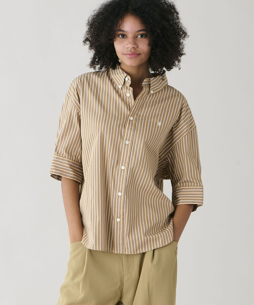 GYMPHLEX（ジムフレックス）の「Gymphlex | コットンタイプライター ストライプボタンダウンシャツ WOMEN（シャツ/ブラウス・レディース・ブラウン系その他・14）」の4枚目の写真