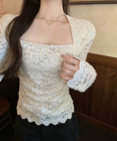 Aelina(エリナ)の「スクエアネックラインレーストップス(Tシャツ/カットソー・レディース・ベージュ/オレンジ・FREE)」の10枚目の写真