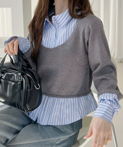 Ada.（エイダ）の「ストライプシャツ切替 レイヤード風 トップス（Tシャツ/カットソー・レディース・ブラック/グレー/ネイビー・FREE）」の8枚目の写真