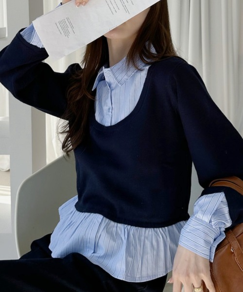 Ada.（エイダ）の「ストライプシャツ切替 レイヤード風 トップス（Tシャツ/カットソー・レディース・ブラック/グレー/ネイビー・FREE）」の18枚目の写真