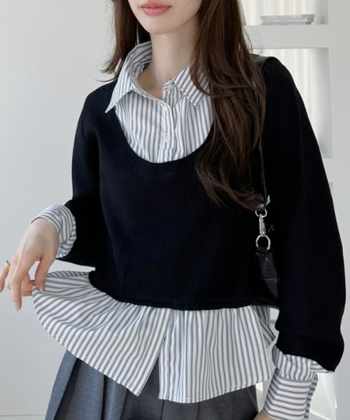 Ada.（エイダ）の「ストライプシャツ切替 レイヤード風 トップス（Tシャツ/カットソー・レディース・ブラック/グレー/ネイビー・FREE）」の4枚目の写真