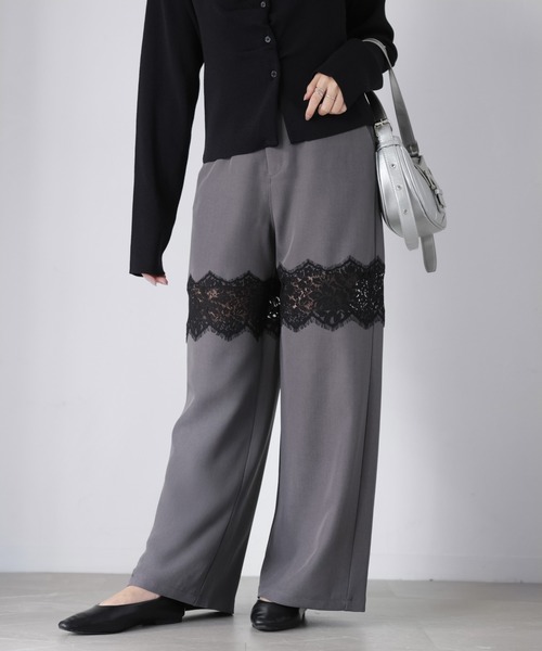 Riberry（リベリー）の「レース切り替えワイドパンツ（スラックス・レディース・チャコールグレー/ブラック/グレイッシュベージュ・FREE）」の3枚目の写真