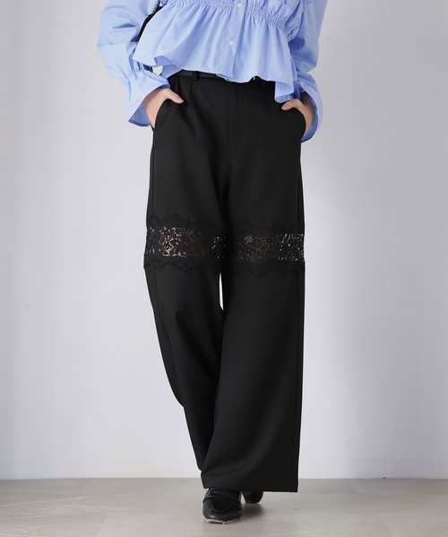 Riberry（リベリー）の「レース切り替えワイドパンツ（スラックス・レディース・チャコールグレー/ブラック/グレイッシュベージュ・FREE）」の4枚目の写真