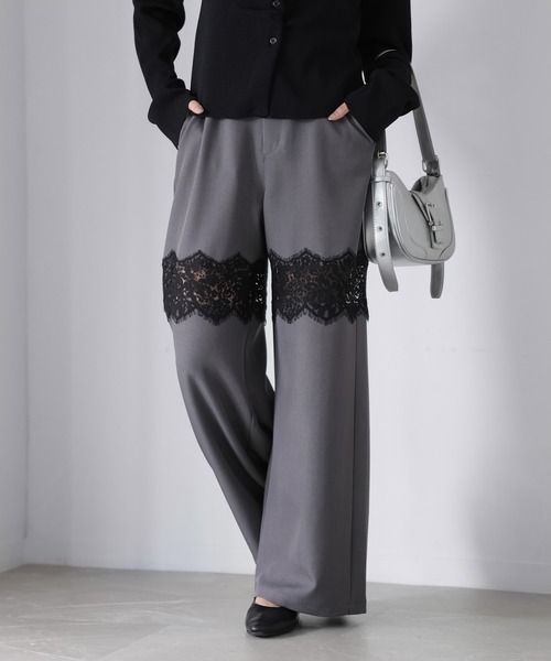 Riberry（リベリー）の「レース切り替えワイドパンツ（スラックス・レディース・チャコールグレー/ブラック/グレイッシュベージュ・FREE）」の8枚目の写真