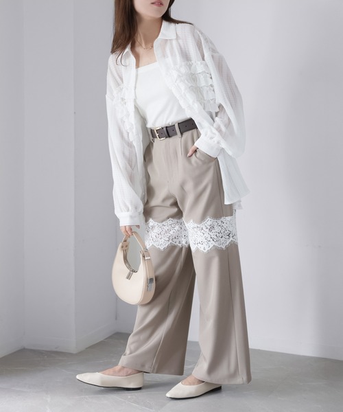 Riberry（リベリー）の「レース切り替えワイドパンツ（スラックス・レディース・チャコールグレー/ブラック/グレイッシュベージュ・FREE）」の12枚目の写真