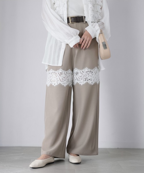 Riberry（リベリー）の「レース切り替えワイドパンツ（スラックス・レディース・チャコールグレー/ブラック/グレイッシュベージュ・FREE）」の10枚目の写真