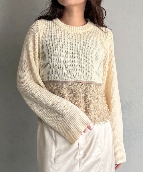 &g'aime(アンジェム)の「【&g'aime 】ループ編み配色ニット Color-Block Loop Knit Top(ニット/セーター・レディース・アイボリー/ブラック/チャコールグレー・FREE)」の2枚目の写真