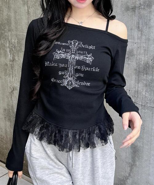 INGNI(イング)の「ワンショルレースレイヤードトップス(Tシャツ/カットソー・レディース・オフホワイト/グレー/ブラック・M)」の3枚目の写真