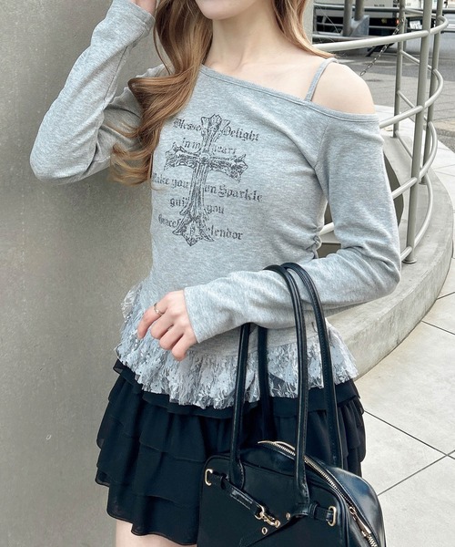 INGNI(イング)の「ワンショルレースレイヤードトップス(Tシャツ/カットソー・レディース・オフホワイト/グレー/ブラック・M)」の5枚目の写真