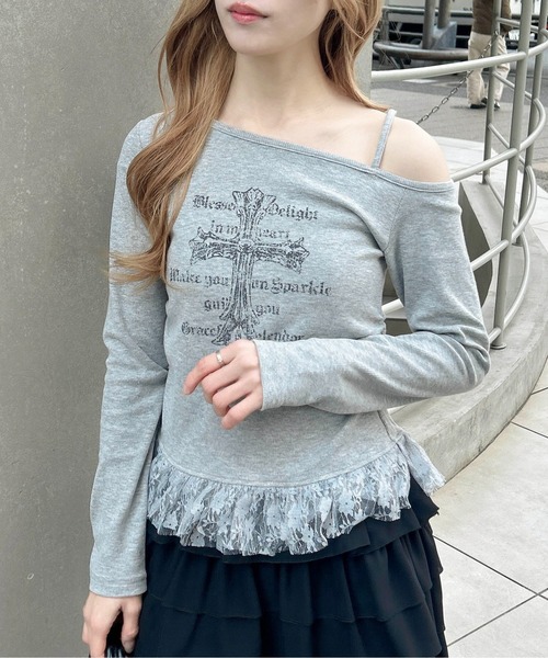 INGNI(イング)の「ワンショルレースレイヤードトップス(Tシャツ/カットソー・レディース・オフホワイト/グレー/ブラック・M)」の6枚目の写真