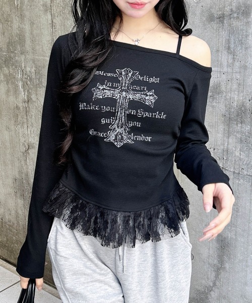 INGNI(イング)の「ワンショルレースレイヤードトップス(Tシャツ/カットソー・レディース・オフホワイト/グレー/ブラック・M)」の18枚目の写真