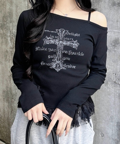 INGNI(イング)の「ワンショルレースレイヤードトップス(Tシャツ/カットソー・レディース・オフホワイト/グレー/ブラック・M)」の19枚目の写真