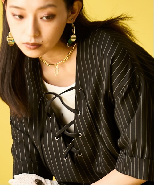 GEVS.(ジェイヴィス)の「ストライプレースアップロングワンピース<大きいサイズ有>GEVS.(ワンピース・レディース・オリーブ系/ブラック系・L/3L/LL/M/4L/5L)」の14枚目の写真