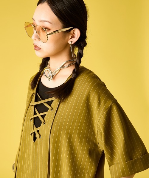 GEVS.(ジェイヴィス)の「ストライプレースアップロングワンピース<大きいサイズ有>GEVS.(ワンピース・レディース・オリーブ系/ブラック系・L/3L/LL/M/4L/5L)」の18枚目の写真