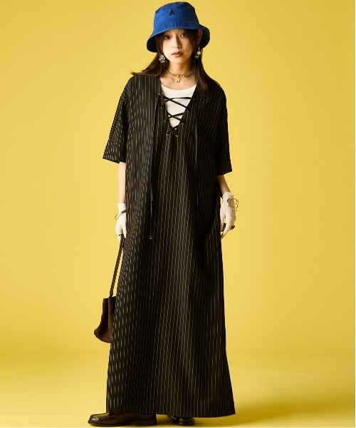 GEVS.(ジェイヴィス)の「ストライプレースアップロングワンピース<大きいサイズ有>GEVS.(ワンピース・レディース・オリーブ系/ブラック系・L/3L/LL/M/4L/5L)」の21枚目の写真