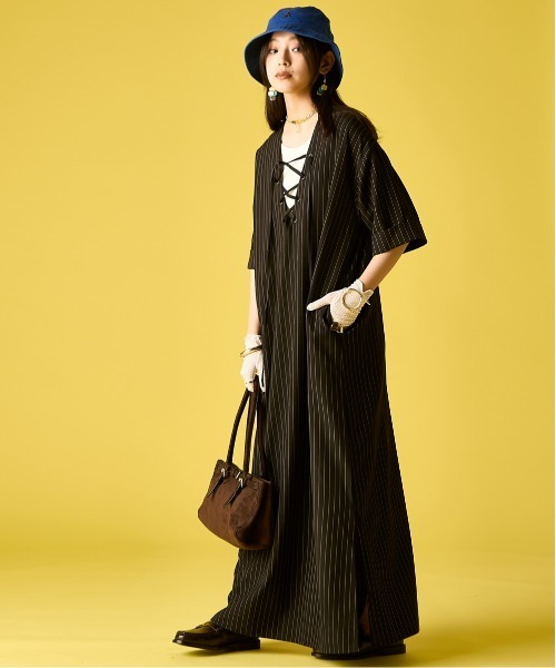 GEVS.(ジェイヴィス)の「ストライプレースアップロングワンピース<大きいサイズ有>GEVS.(ワンピース・レディース・オリーブ系/ブラック系・L/3L/LL/M/4L/5L)」の5枚目の写真