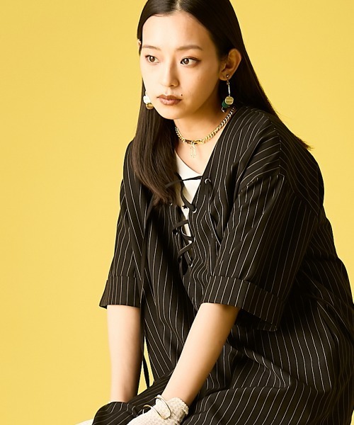 GEVS.(ジェイヴィス)の「ストライプレースアップロングワンピース<大きいサイズ有>GEVS.(ワンピース・レディース・オリーブ系/ブラック系・L/3L/LL/M/4L/5L)」の7枚目の写真