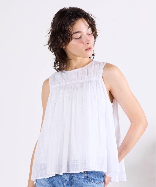 Marilyn Moon（マリリンムーン）の「sheer check 2way gathered blouse（シャツ/ブラウス・レディース・グレー/ネイビー/オフホワイト・FREE）」の4枚目の写真