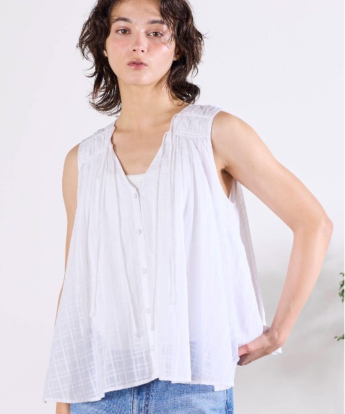 Marilyn Moon（マリリンムーン）の「sheer check 2way gathered blouse（シャツ/ブラウス・レディース・グレー/ネイビー/オフホワイト・FREE）」の5枚目の写真