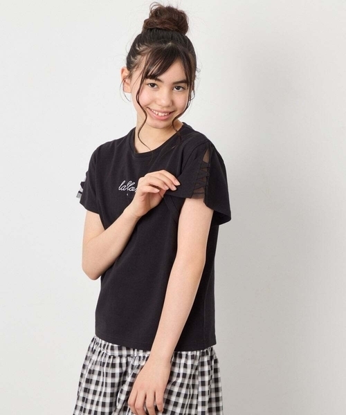 a.v.v（アーヴェヴェ）の「[120-160]【接触冷感/安心の綿100％/毛玉になりにくい】レースアップスリーブTシャツ（Tシャツ/カットソー・キッズ・オレンジ/ダークインディゴブルー/ブラック/ホワイト・130/120/140/150/160）」の3枚目の写真