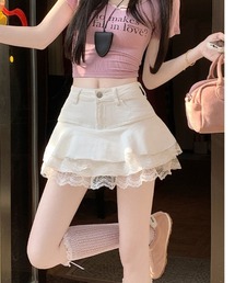 レース付きデニムフレアミニスカート