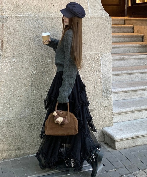 Nia(ニア)の「Nia(ニア)/【裏地付き】ランダムチュールロングスカート(スカート・レディース・ホワイト/アイボリー/ブラック・SMALL/MEDIUM)」の6枚目の写真