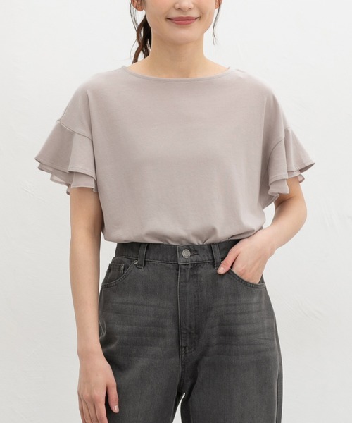 Honeys(ハニーズ)の「【ハニさら・接触冷感・吸水速乾・UVカット・遮熱】フリル袖Tシャツ(Tシャツ/カットソー・レディース・サックスブルー/ベージュ/ネイビー/ブラウン/ピンク/オフホワイト/ブラック・3L/M/LL/L/S)」の4枚目の写真