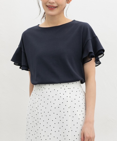 Honeys(ハニーズ)の「【ハニさら・接触冷感・吸水速乾・UVカット・遮熱】フリル袖Tシャツ(Tシャツ/カットソー・レディース・サックスブルー/ベージュ/ネイビー/ブラウン/ピンク/オフホワイト/ブラック・3L/M/LL/L/S)」の5枚目の写真