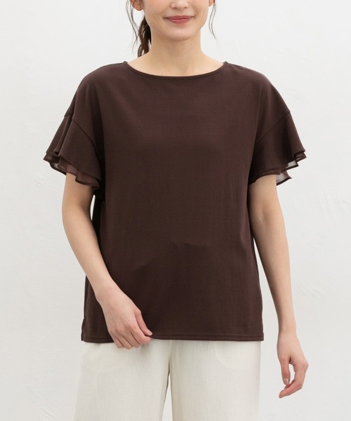 Honeys(ハニーズ)の「【ハニさら・接触冷感・吸水速乾・UVカット・遮熱】フリル袖Tシャツ(Tシャツ/カットソー・レディース・サックスブルー/ベージュ/ネイビー/ブラウン/ピンク/オフホワイト/ブラック・3L/M/LL/L/S)」の3枚目の写真