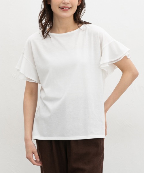 Honeys(ハニーズ)の「【ハニさら・接触冷感・吸水速乾・UVカット・遮熱】フリル袖Tシャツ(Tシャツ/カットソー・レディース・サックスブルー/ベージュ/ネイビー/ブラウン/ピンク/オフホワイト/ブラック・3L/M/LL/L/S)」の1枚目の写真