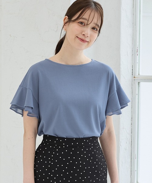 Honeys(ハニーズ)の「【ハニさら・接触冷感・吸水速乾・UVカット・遮熱】フリル袖Tシャツ(Tシャツ/カットソー・レディース・サックスブルー/ベージュ/ネイビー/ブラウン/ピンク/オフホワイト/ブラック・3L/M/LL/L/S)」の6枚目の写真