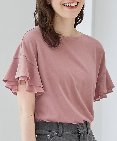 Honeys(ハニーズ)の「【ハニさら・接触冷感・吸水速乾・UVカット・遮熱】フリル袖Tシャツ(Tシャツ/カットソー・レディース・サックスブルー/ベージュ/ネイビー/ブラウン/ピンク/オフホワイト/ブラック・3L/M/LL/L/S)」の7枚目の写真