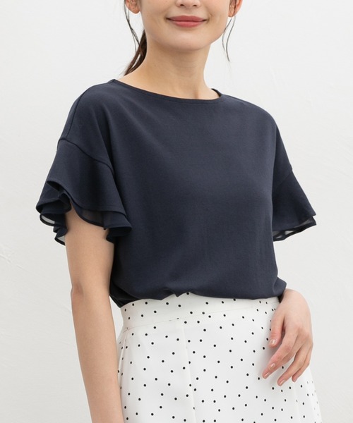Honeys(ハニーズ)の「【ハニさら・接触冷感・吸水速乾・UVカット・遮熱】フリル袖Tシャツ(Tシャツ/カットソー・レディース・サックスブルー/ベージュ/ネイビー/ブラウン/ピンク/オフホワイト/ブラック・3L/M/LL/L/S)」の12枚目の写真