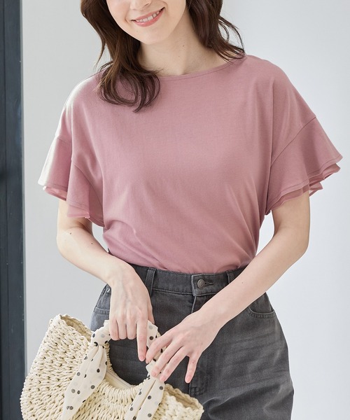 Honeys(ハニーズ)の「【ハニさら・接触冷感・吸水速乾・UVカット・遮熱】フリル袖Tシャツ(Tシャツ/カットソー・レディース・サックスブルー/ベージュ/ネイビー/ブラウン/ピンク/オフホワイト/ブラック・3L/M/LL/L/S)」の14枚目の写真