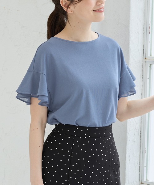 Honeys(ハニーズ)の「【ハニさら・接触冷感・吸水速乾・UVカット・遮熱】フリル袖Tシャツ(Tシャツ/カットソー・レディース・サックスブルー/ベージュ/ネイビー/ブラウン/ピンク/オフホワイト/ブラック・3L/M/LL/L/S)」の17枚目の写真
