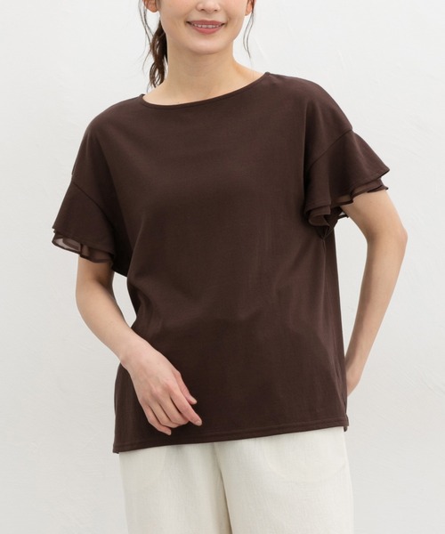 Honeys(ハニーズ)の「【ハニさら・接触冷感・吸水速乾・UVカット・遮熱】フリル袖Tシャツ(Tシャツ/カットソー・レディース・サックスブルー/ベージュ/ネイビー/ブラウン/ピンク/オフホワイト/ブラック・3L/M/LL/L/S)」の19枚目の写真
