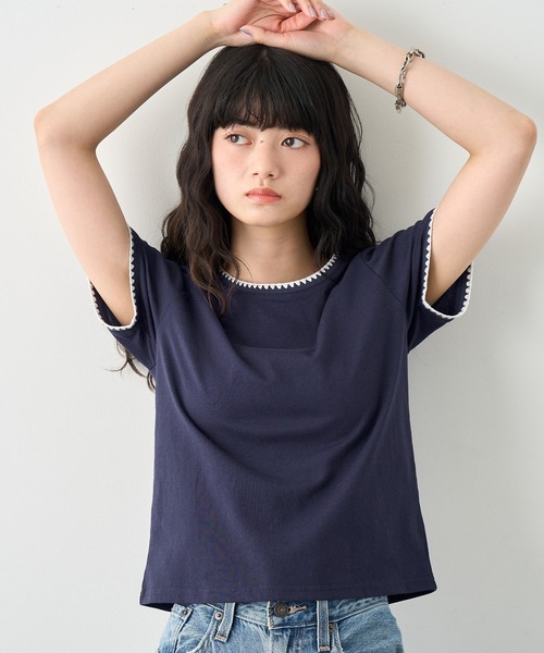 NOGLE（ノグル）の「【NOGLE/ノグル】スカラップステッチ半袖Tシャツ（Tシャツ/カットソー・レディース・チャコールグレー/ブルー/ホワイト/ブラウン/ブラック/ネイビー・FREE）」の5枚目の写真
