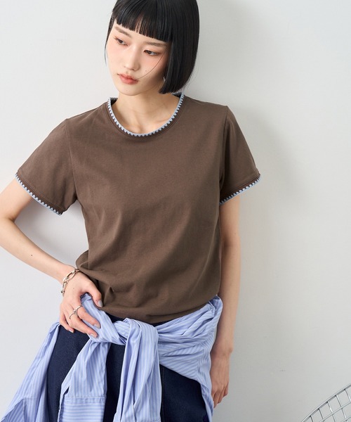 NOGLE（ノグル）の「【NOGLE/ノグル】スカラップステッチ半袖Tシャツ（Tシャツ/カットソー・レディース・チャコールグレー/ブルー/ホワイト/ブラウン/ブラック/ネイビー・FREE）」の4枚目の写真