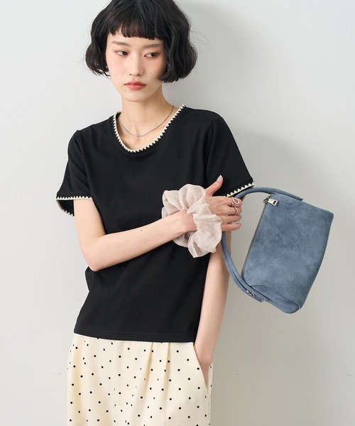 NOGLE（ノグル）の「【NOGLE/ノグル】スカラップステッチ半袖Tシャツ（Tシャツ/カットソー・レディース・チャコールグレー/ブルー/ホワイト/ブラウン/ブラック/ネイビー・FREE）」の21枚目の写真