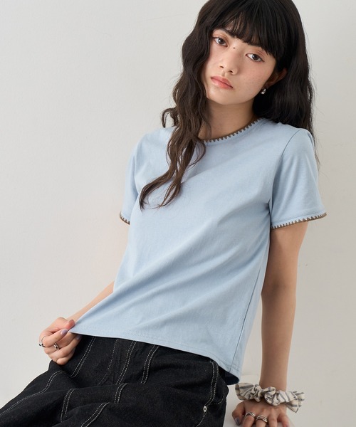 NOGLE（ノグル）の「【NOGLE/ノグル】スカラップステッチ半袖Tシャツ（Tシャツ/カットソー・レディース・チャコールグレー/ブルー/ホワイト/ブラウン/ブラック/ネイビー・FREE）」の10枚目の写真