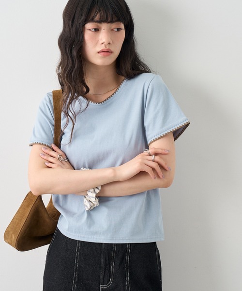 NOGLE（ノグル）の「【NOGLE/ノグル】スカラップステッチ半袖Tシャツ（Tシャツ/カットソー・レディース・チャコールグレー/ブルー/ホワイト/ブラウン/ブラック/ネイビー・FREE）」の7枚目の写真
