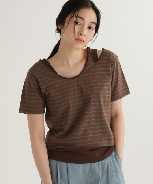 studio CLIP(スタディオクリップ)の「【daily CLIP】ボーダーレイヤードTシャツ(Tシャツ/カットソー・レディース・ホワイト/ブラウン/ネイビー・FREE)」の2枚目の写真