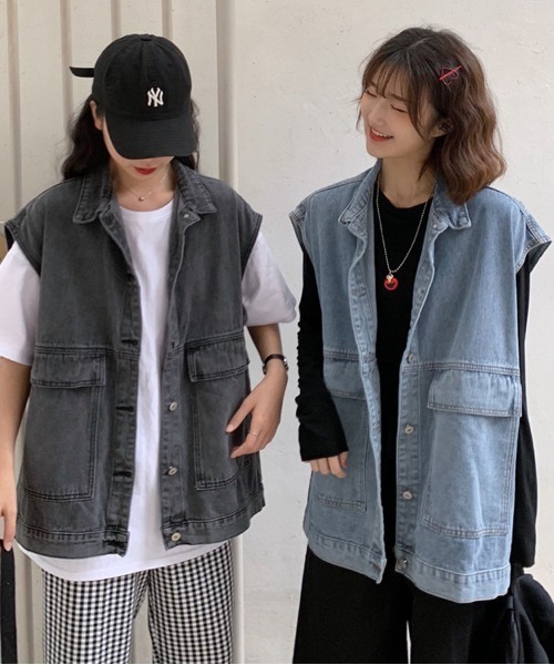 shoppinggo（ショッピングゴー）の「ジレベスト デニムベスト ノースリーブ アウター カーディガン レディース トップス ジャケット デニム 新作  前開き 体型カバー カジュアルコーデトップス ン Gジャン ジージャン（ベスト・レディース・ブルー/ブラック・M）」の3枚目の写真