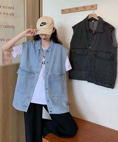 shoppinggo（ショッピングゴー）の「ジレベスト デニムベスト ノースリーブ アウター カーディガン レディース トップス ジャケット デニム 新作  前開き 体型カバー カジュアルコーデトップス ン Gジャン ジージャン（ベスト・レディース・ブルー/ブラック・M）」の5枚目の写真