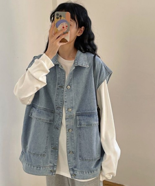 shoppinggo（ショッピングゴー）の「ジレベスト デニムベスト ノースリーブ アウター カーディガン レディース トップス ジャケット デニム 新作  前開き 体型カバー カジュアルコーデトップス ン Gジャン ジージャン（ベスト・レディース・ブルー/ブラック・M）」の6枚目の写真