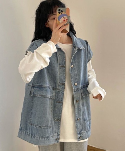 shoppinggo（ショッピングゴー）の「ジレベスト デニムベスト ノースリーブ アウター カーディガン レディース トップス ジャケット デニム 新作  前開き 体型カバー カジュアルコーデトップス ン Gジャン ジージャン（ベスト・レディース・ブルー/ブラック・M）」の7枚目の写真