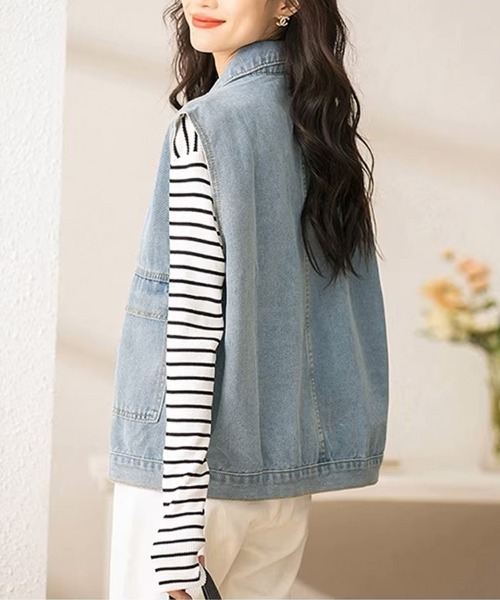 shoppinggo（ショッピングゴー）の「ジレベスト デニムベスト ノースリーブ アウター カーディガン レディース トップス ジャケット デニム 新作  前開き 体型カバー カジュアルコーデトップス ン Gジャン ジージャン（ベスト・レディース・ブルー/ブラック・M）」の14枚目の写真