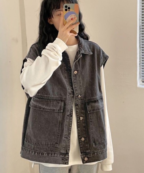 shoppinggo（ショッピングゴー）の「ジレベスト デニムベスト ノースリーブ アウター カーディガン レディース トップス ジャケット デニム 新作  前開き 体型カバー カジュアルコーデトップス ン Gジャン ジージャン（ベスト・レディース・ブルー/ブラック・M）」の16枚目の写真