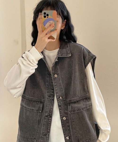 shoppinggo（ショッピングゴー）の「ジレベスト デニムベスト ノースリーブ アウター カーディガン レディース トップス ジャケット デニム 新作  前開き 体型カバー カジュアルコーデトップス ン Gジャン ジージャン（ベスト・レディース・ブルー/ブラック・M）」の18枚目の写真