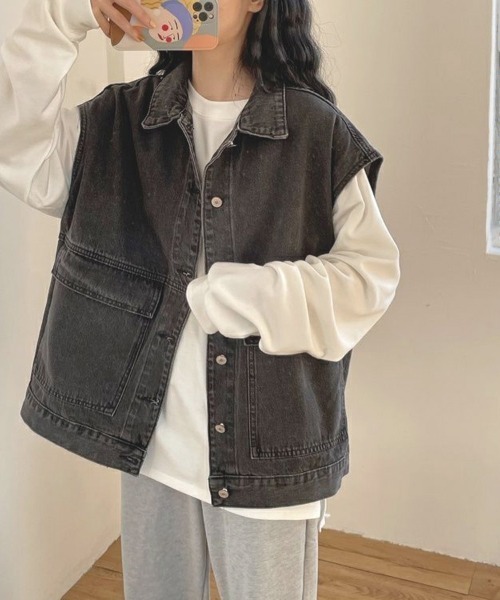 shoppinggo（ショッピングゴー）の「ジレベスト デニムベスト ノースリーブ アウター カーディガン レディース トップス ジャケット デニム 新作  前開き 体型カバー カジュアルコーデトップス ン Gジャン ジージャン（ベスト・レディース・ブルー/ブラック・M）」の21枚目の写真